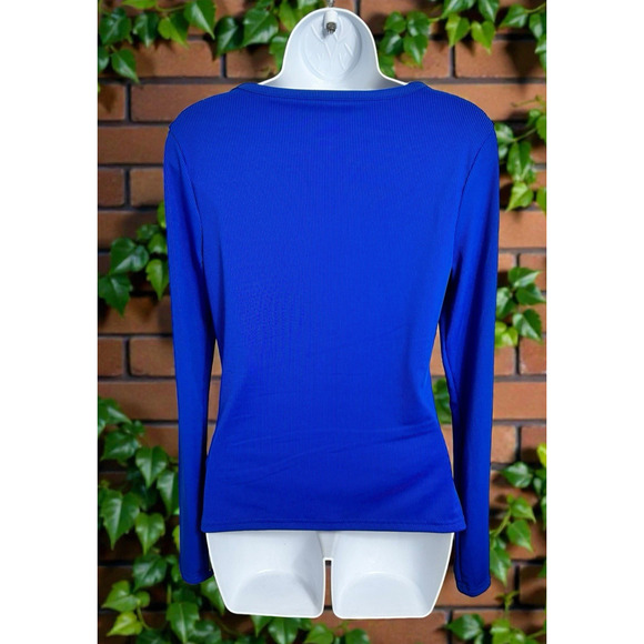 Dazy Bright Blue Ribbed Blouse Sz XL Scoop Neck Long-Sleeve Top Stretch New - Picture 3 of 4